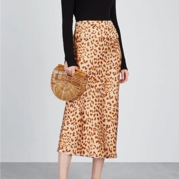 Free People Normani Bias Cut Midi Skirt Leopard Size 10 Satin Feel - Picture 2 of 10